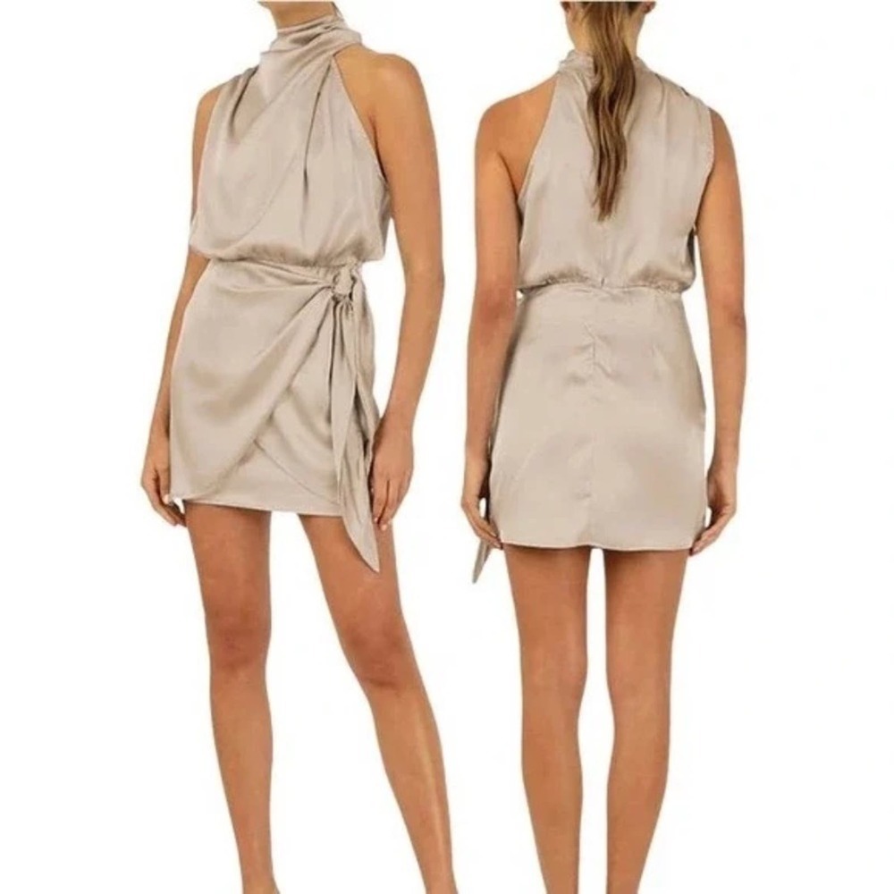 NWT Commense Satin Mock Neck Ruched Short Dress Apricot Size M